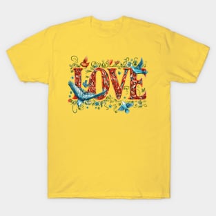 Colorful Valentines Love and birds adorn this beautiful Valentines Day design Great for lover wife daughter girl friend mom mother Happy Valentines Day T-Shirt